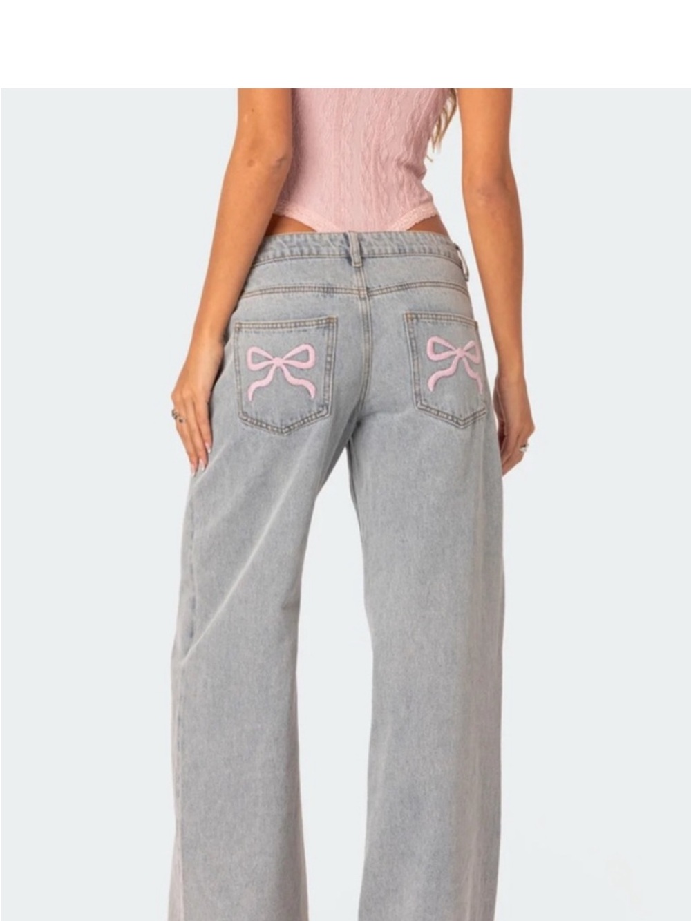Ediked Women’s small Light Gray Wide-Leg Jeans with Pink Bow Embroidery